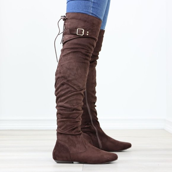Brown Thigh High Over The Knee Flat Boots Faux Suede Laced Back - Picture 4 of 14